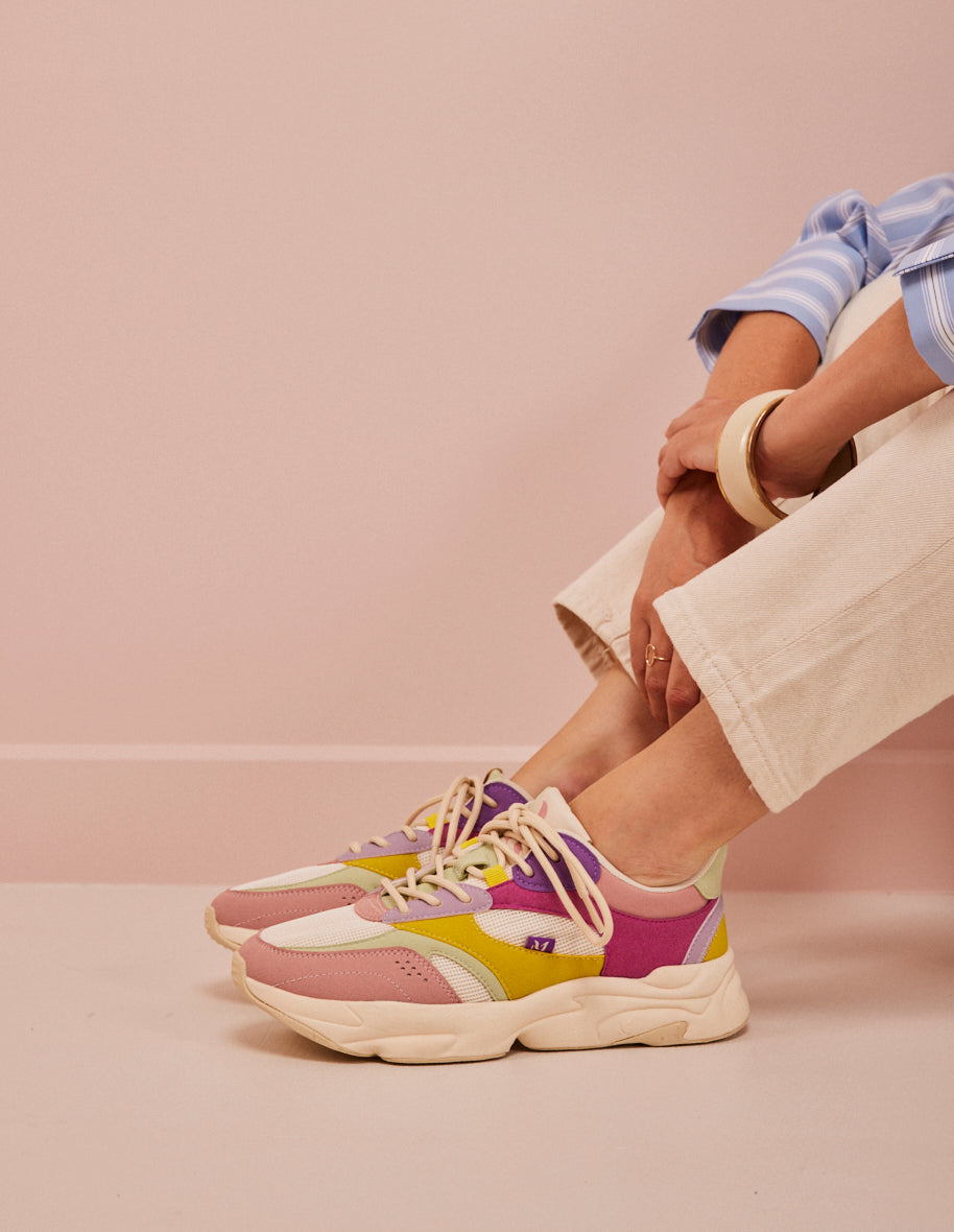 Baskets basses Nathanaelle - Suède vegan et mesh blush vert d'eau ecru