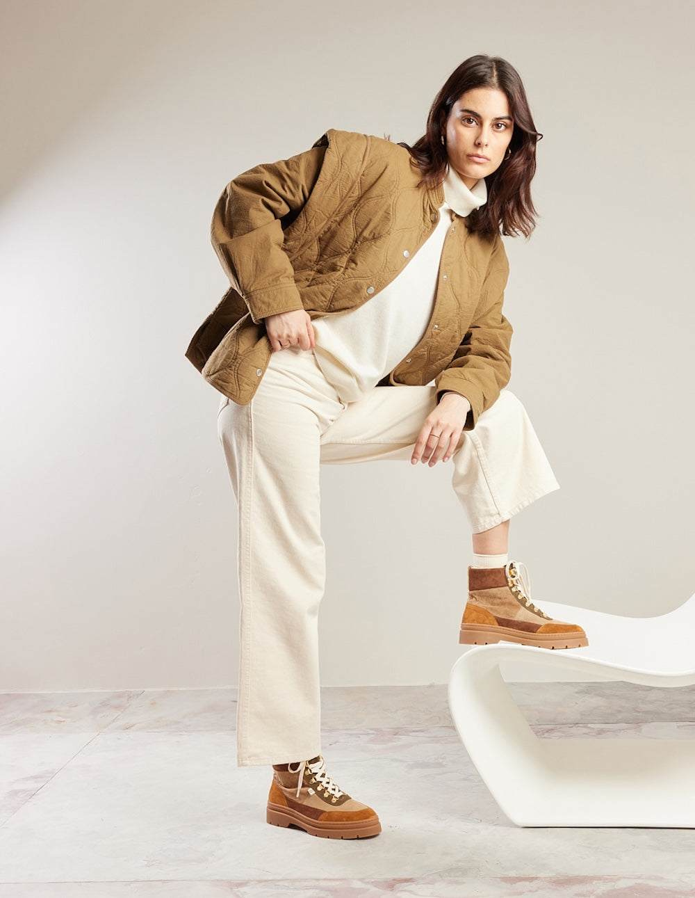 Bottines à lacets Joelle - Suède fourré ambre beige kaki