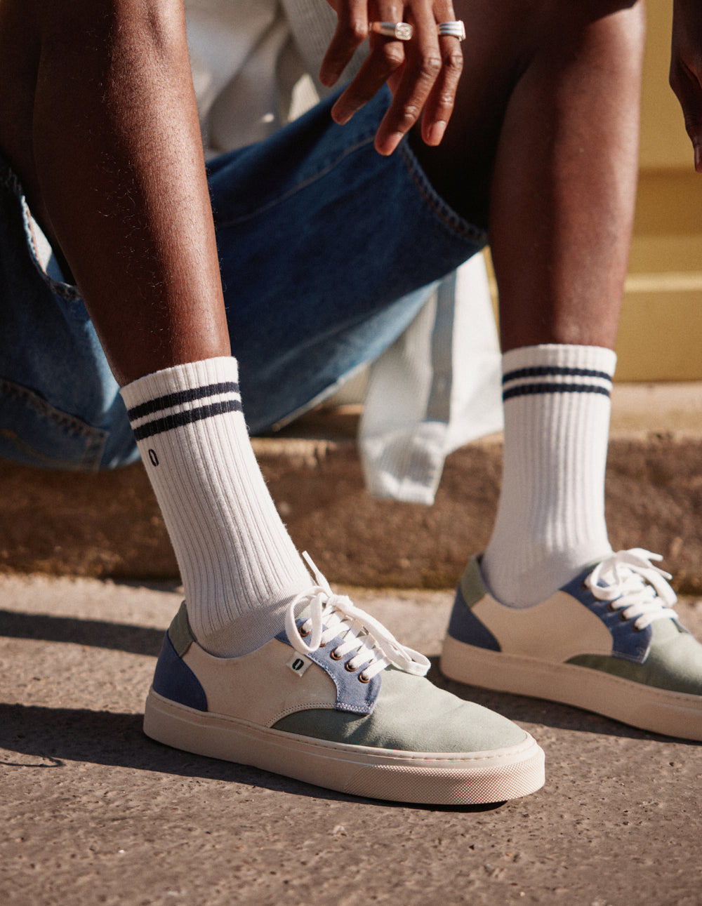 Baskets basses Alexandre - Toile vert bleu pétrole écru