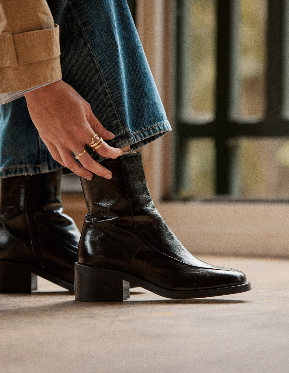 Bottines à talons Callie - Cuir plissé verni noir