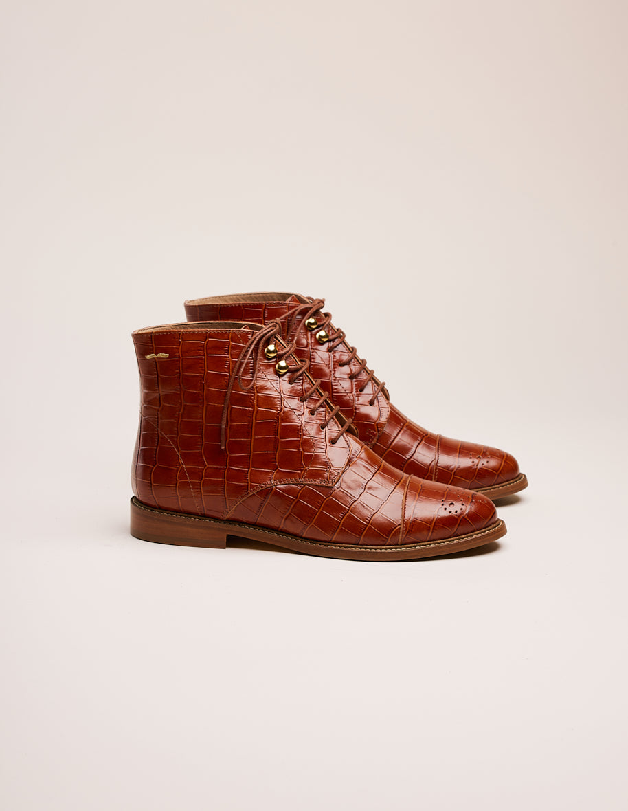 Bottines à lacets Lucienne Cuir croco cognac