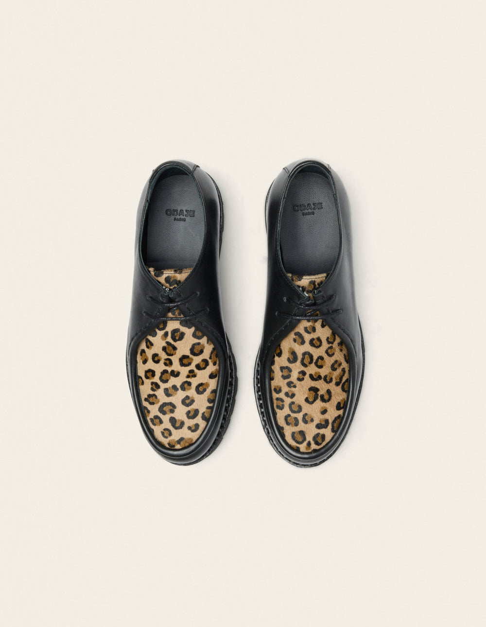 Derbies Deborah - Cuir noir et pony leopard