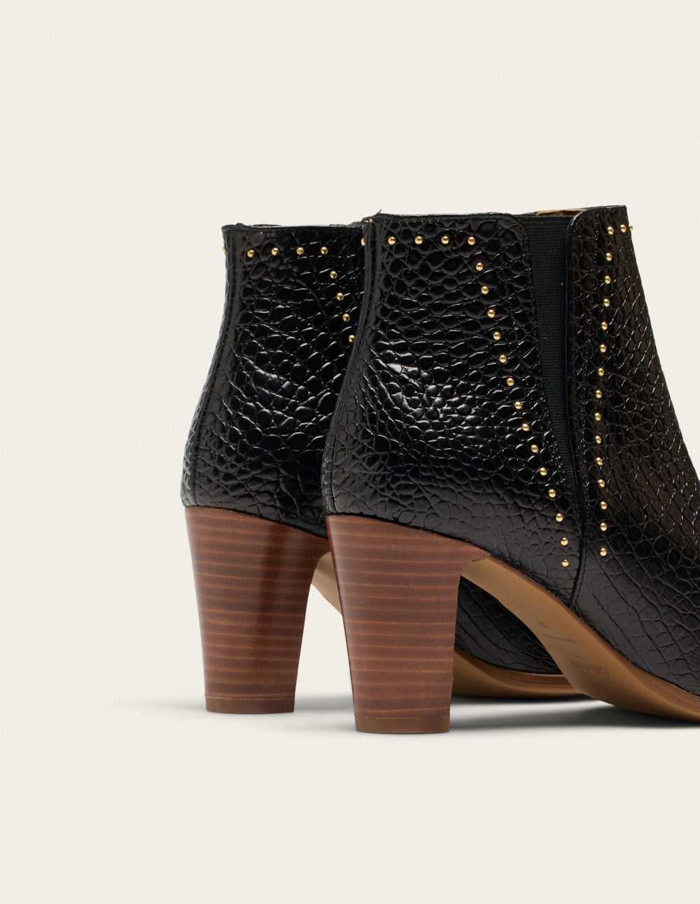 Bottines à talons Jeanne H - Cuir noir croco et clous