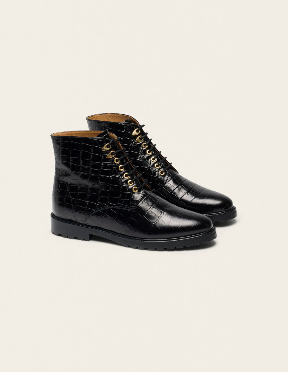 Bottines à lacets Laurène - Cuir croco noir