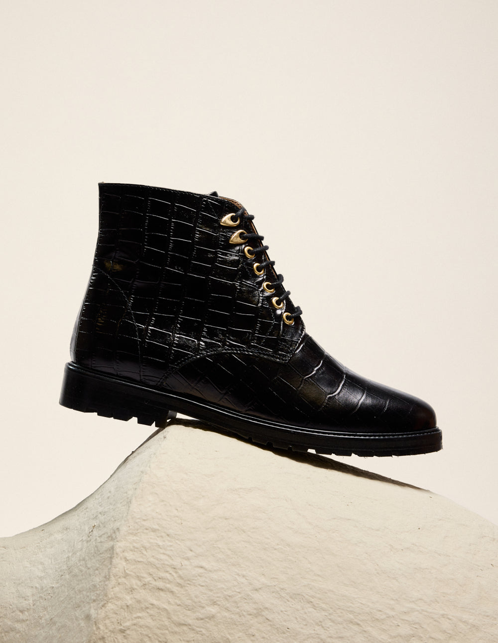 Bottines à lacets Laurène - Cuir croco noir