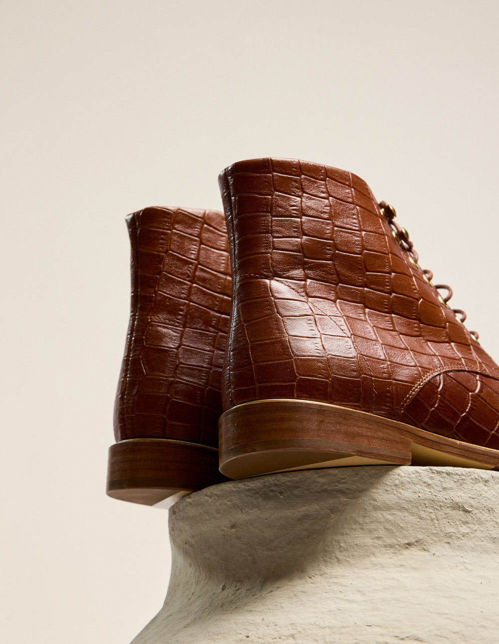 Bottines à lacets Lucienne - Cuir croco marron