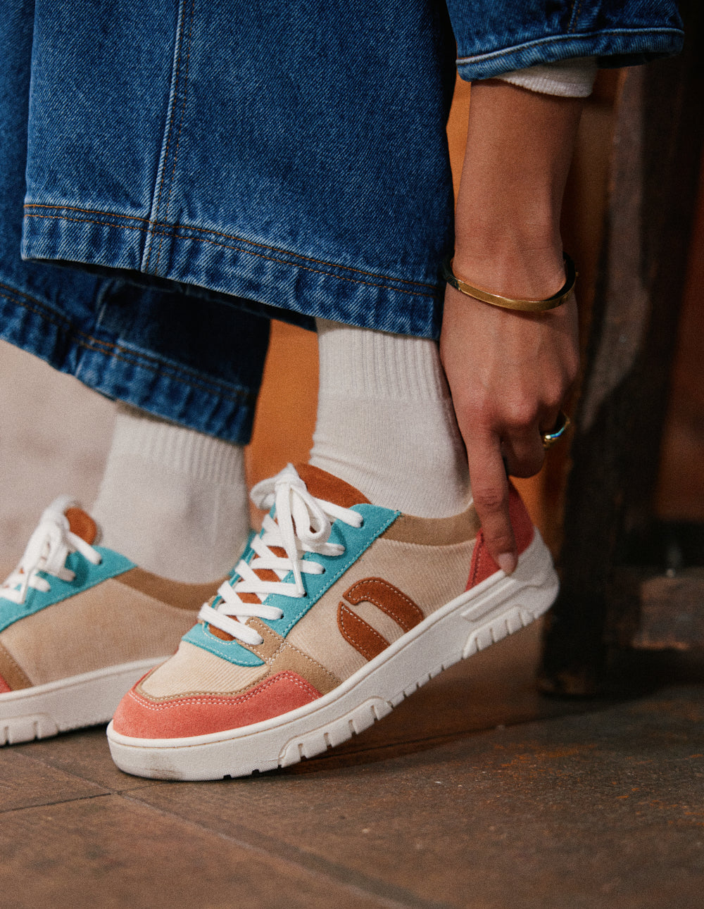 Baskets basses Nora - Brique beige turquoise