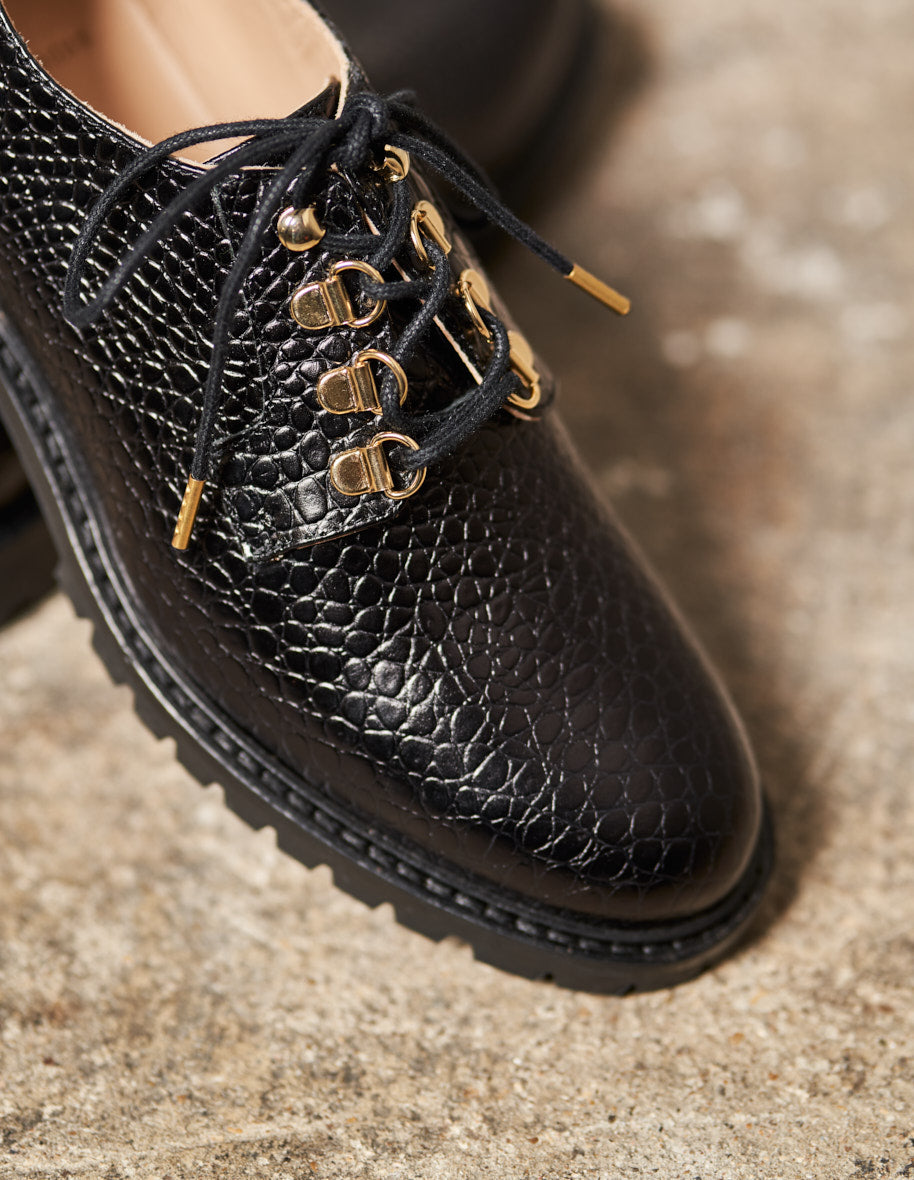 Agnès derbies - Black Croco leather