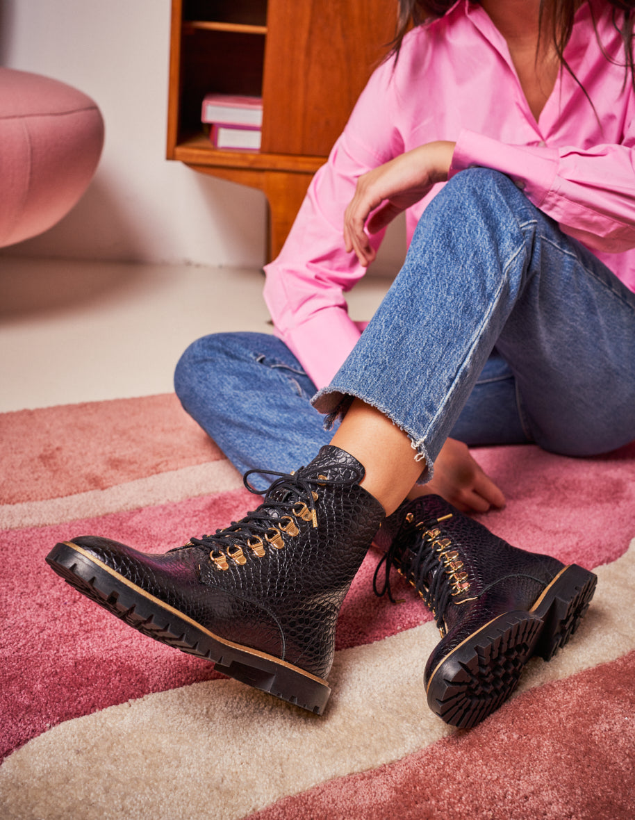 Ankle boots Alix - Croco black leather