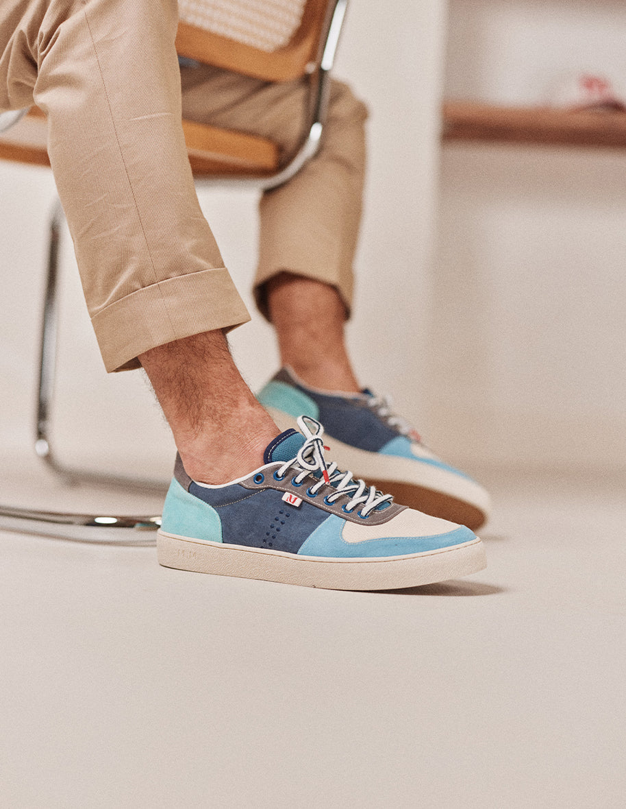 Baskets basses Arthur - Suède vegan et mesh bleu gris blanc