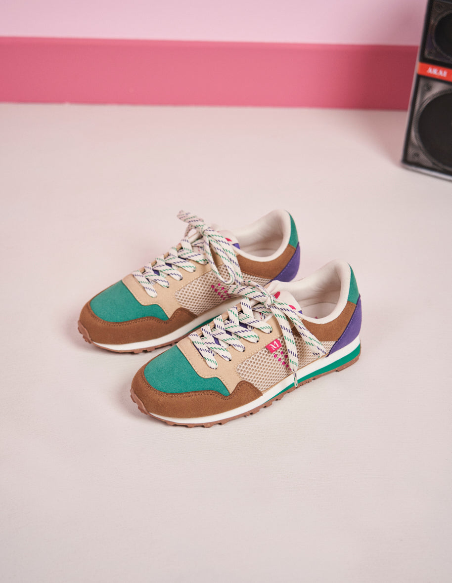 Baskets basses Gabrielle - Suède vegan et mesh taupe vert crème
