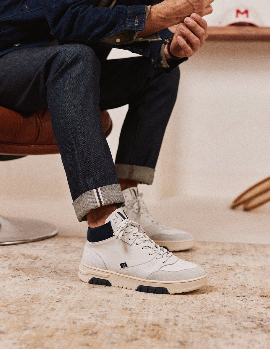 Baskets montantes Leopold - Cuir et suède blanc marine