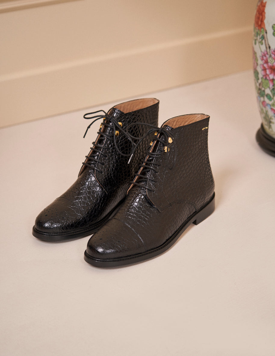 Bottines a lacets Lucienne Cuir croco noir