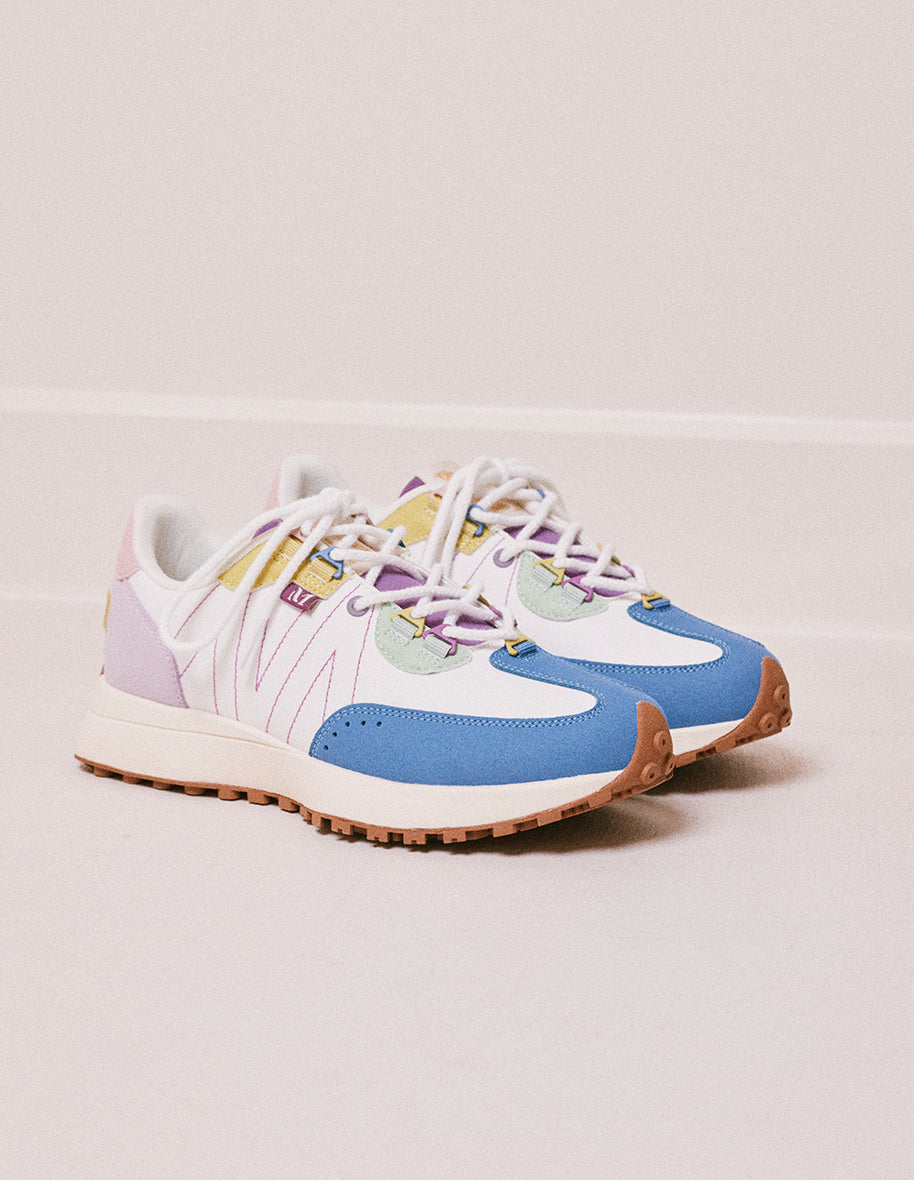 Baskets basses Morgane - Suède vegan et nylon bleu gris, blanc et vert d'eau