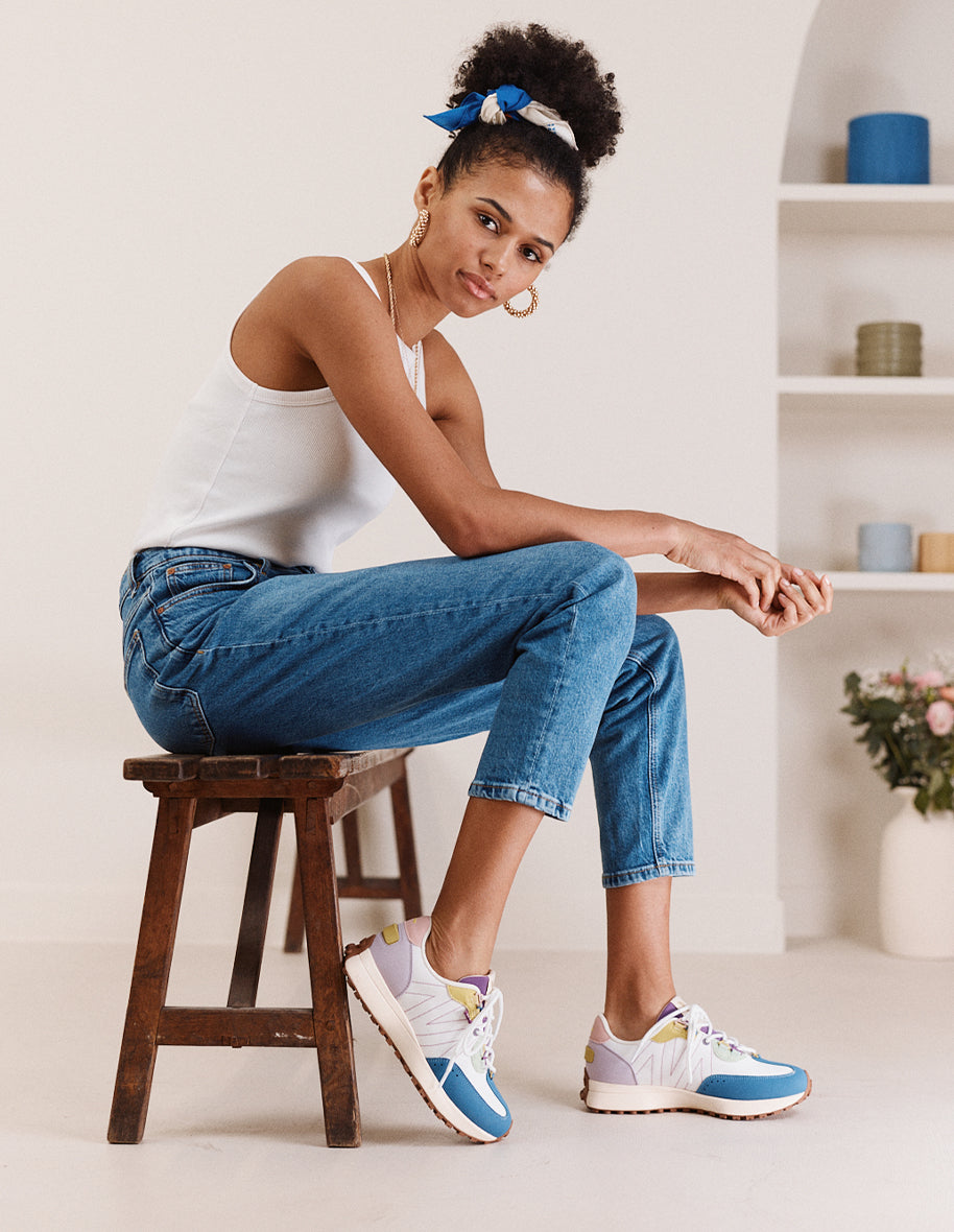 Baskets basses Morgane - Suède vegan et nylon bleu gris, blanc et vert d'eau