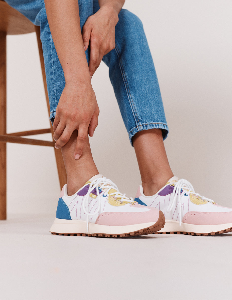 Morgane low sneakers - Sweden vegan and light pink nylon, white and lemon