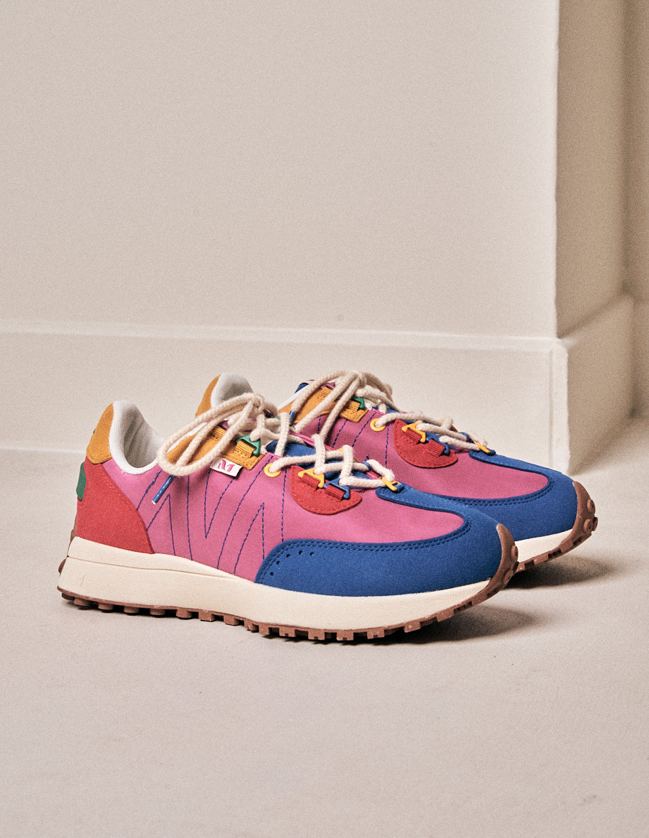 Running shoes Morgane Blue, pink red vegan suede and nylon