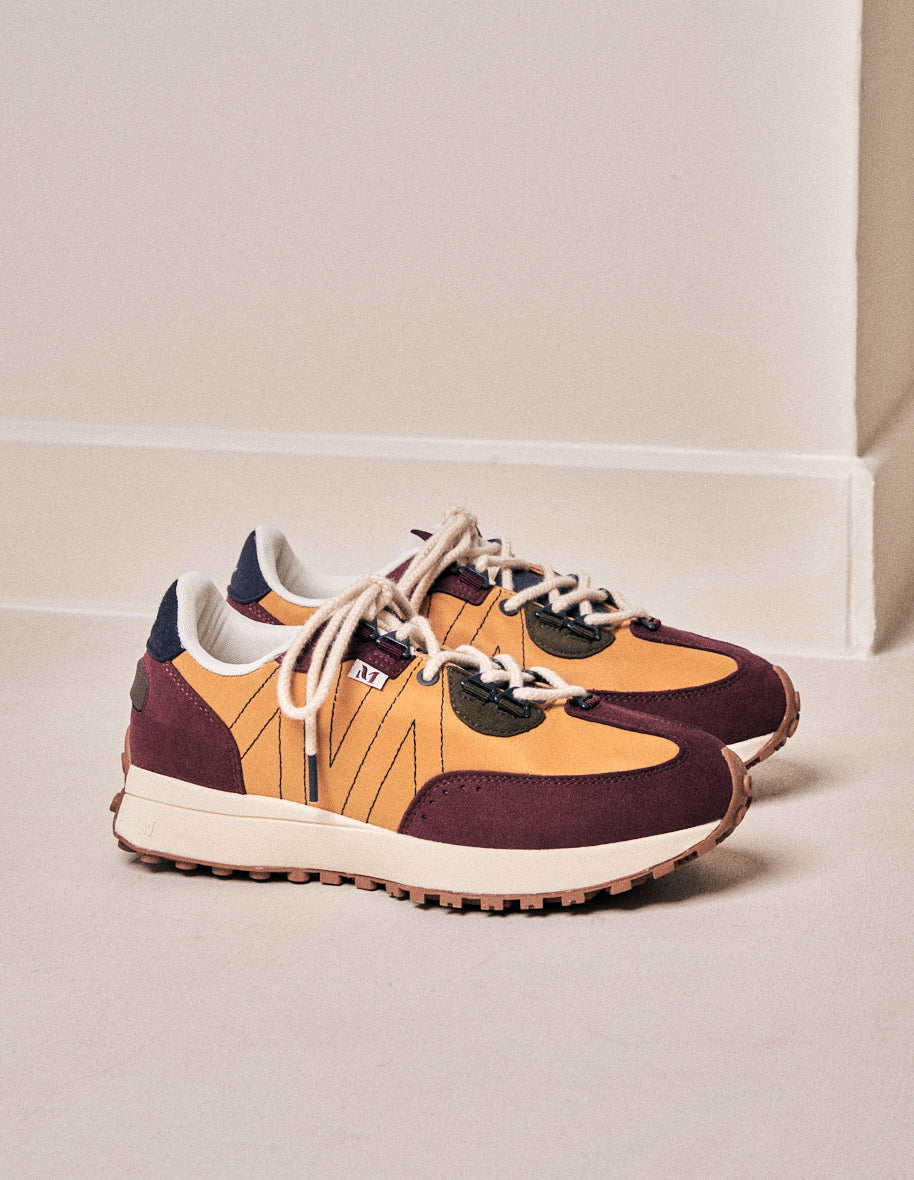 Baskets basses Morgane - Suède vegan et nylon bordeaux moutarde kaki