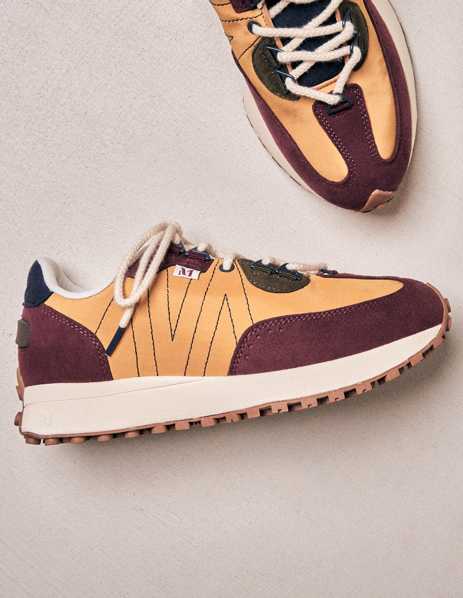 Baskets basses Morgane - Suède vegan et nylon bordeaux moutarde kaki