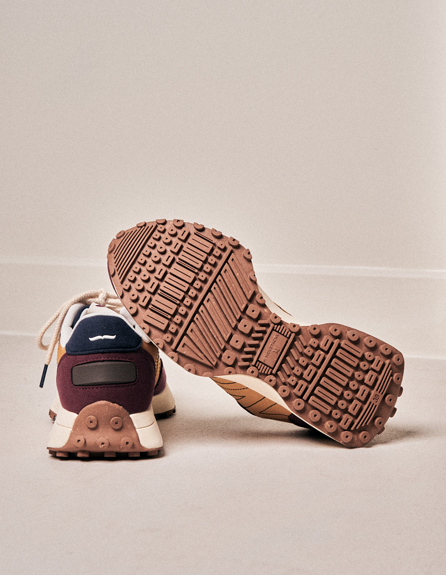 Baskets basses Morgane - Suède vegan et nylon bordeaux moutarde kaki