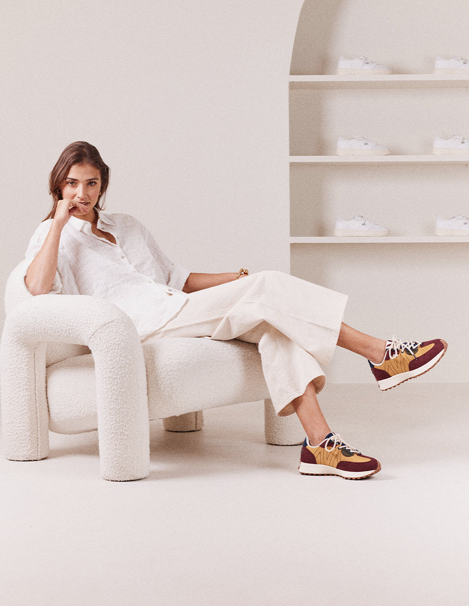 Baskets basses Morgane - Suède vegan et nylon bordeaux moutarde kaki