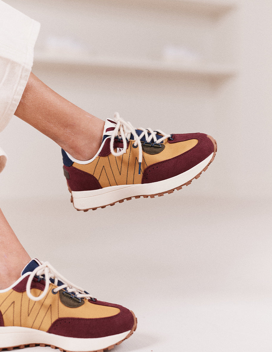 Baskets basses Morgane - Suède vegan et nylon bordeaux moutarde kaki