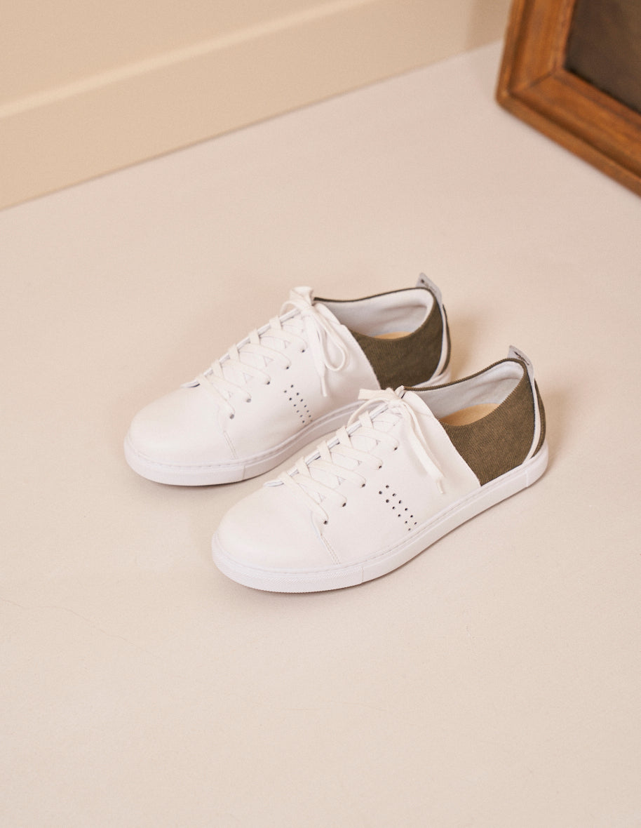 Low top trainers Rene White vegan leather and khaki velvet