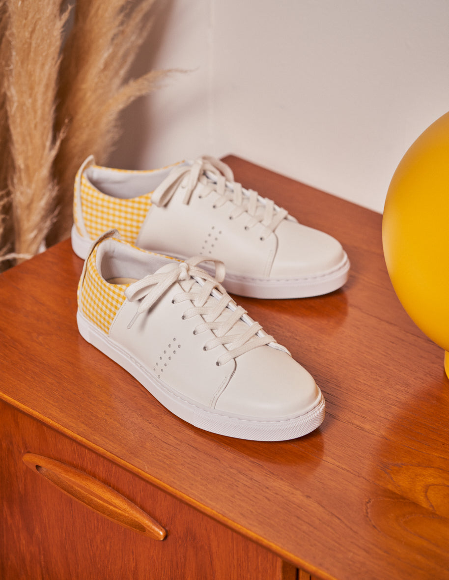 Baskets basses Renee Cuir blanc et toile vichy jaune
