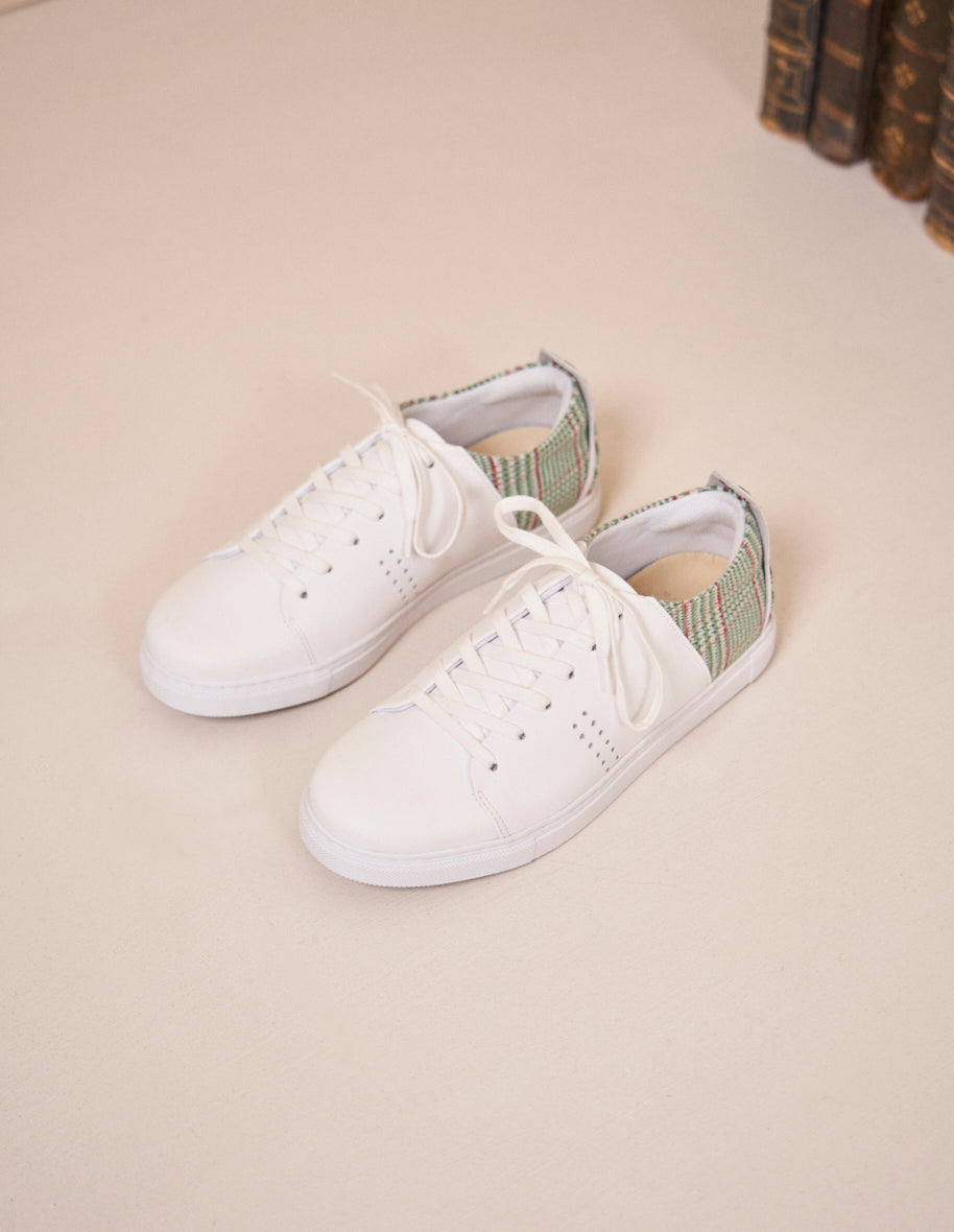 Baskets basses Renee Cuir blanc et tartan vert