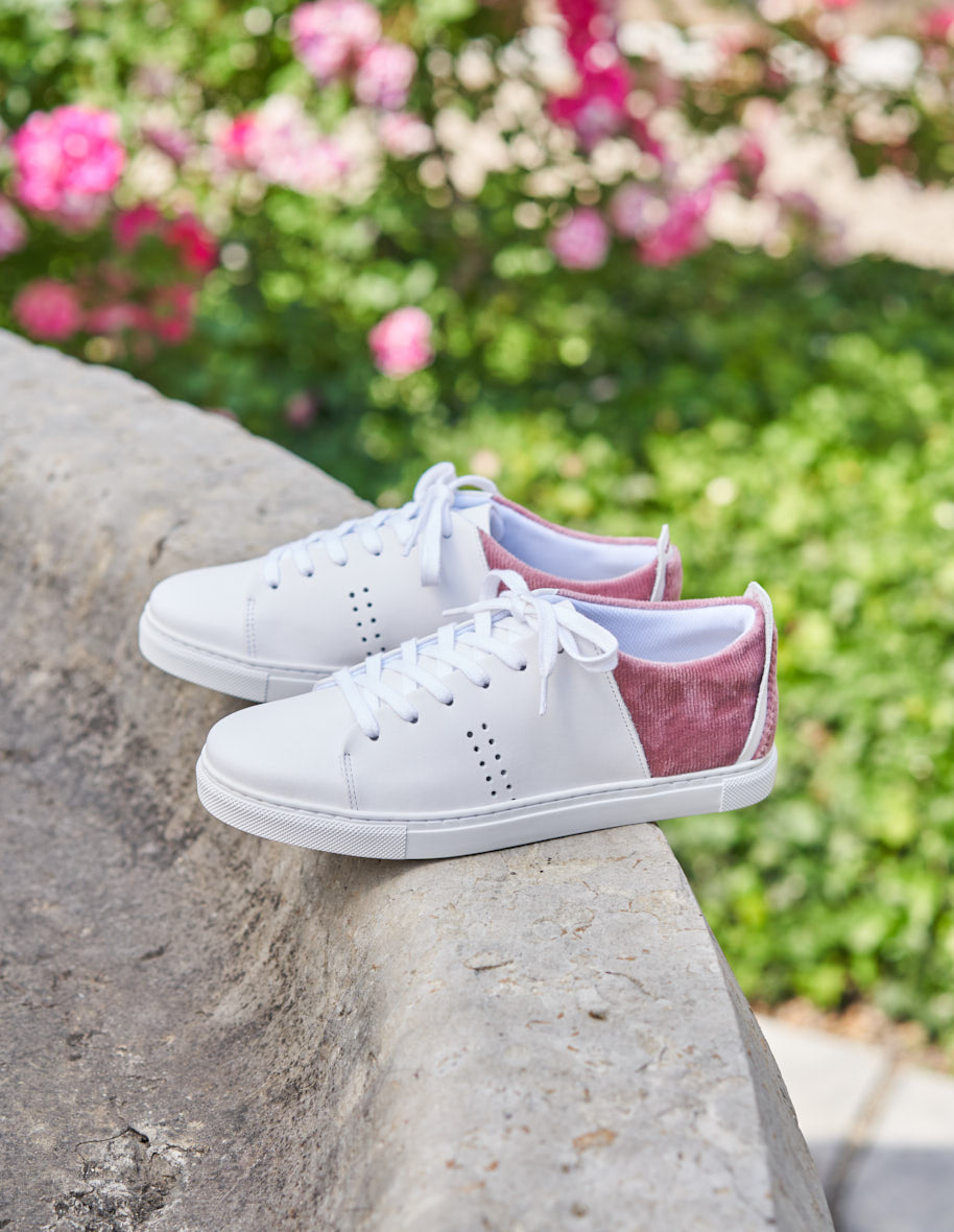 Baskets basses Renee Cuir blanc et velours cotele rose