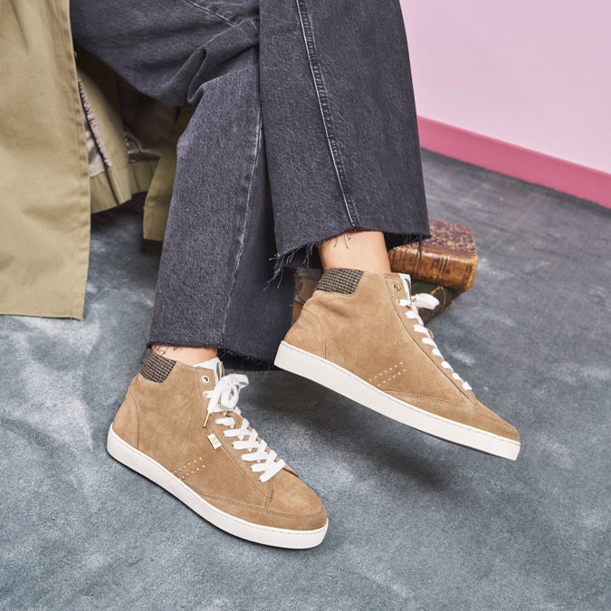 High top trainers Alexia Taupe suede and beige tweed