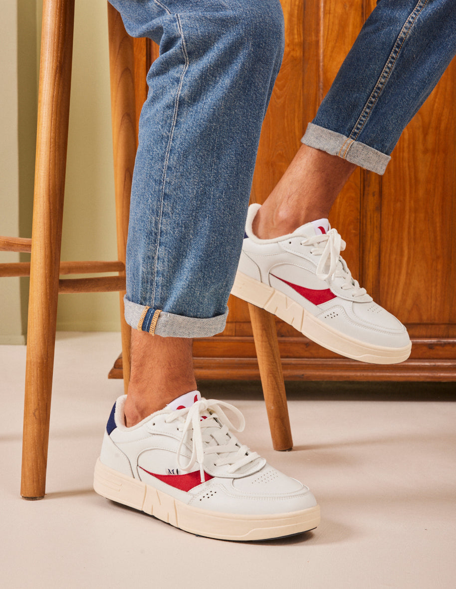 Baskets basses Aime Cuir recycle et suede vegan blanc rouge marine