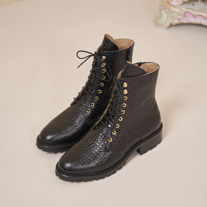 New look lace up flat boots in black croc cheap