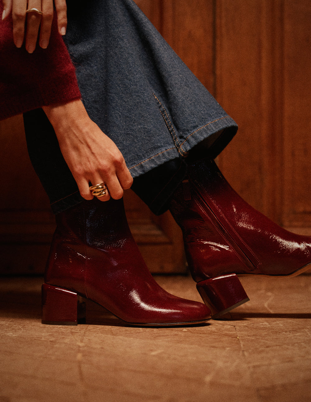 Bottines à talons Tasmin - Cuir plissé verni bordeaux