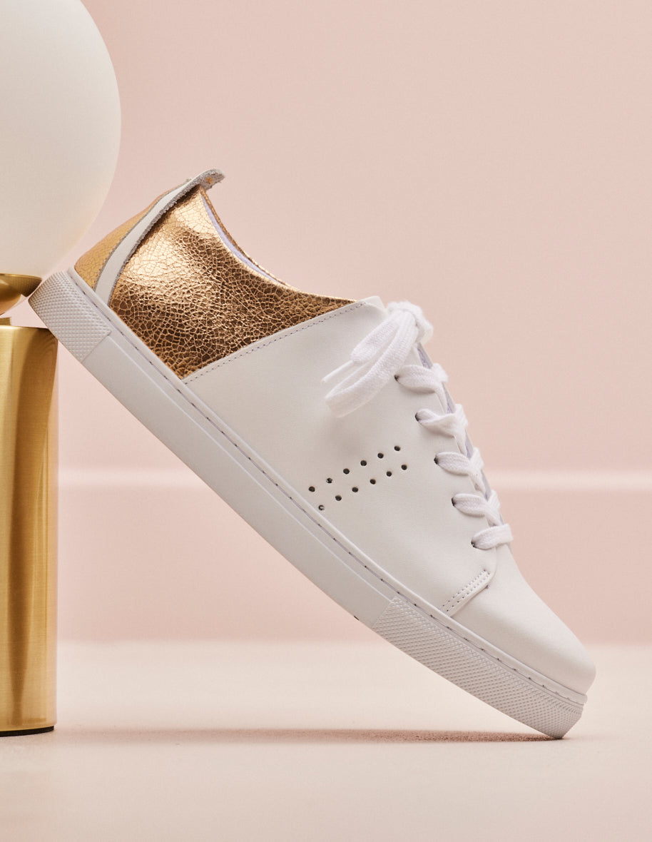 Baskets basses femme cuir blanc et craquele dore Renee