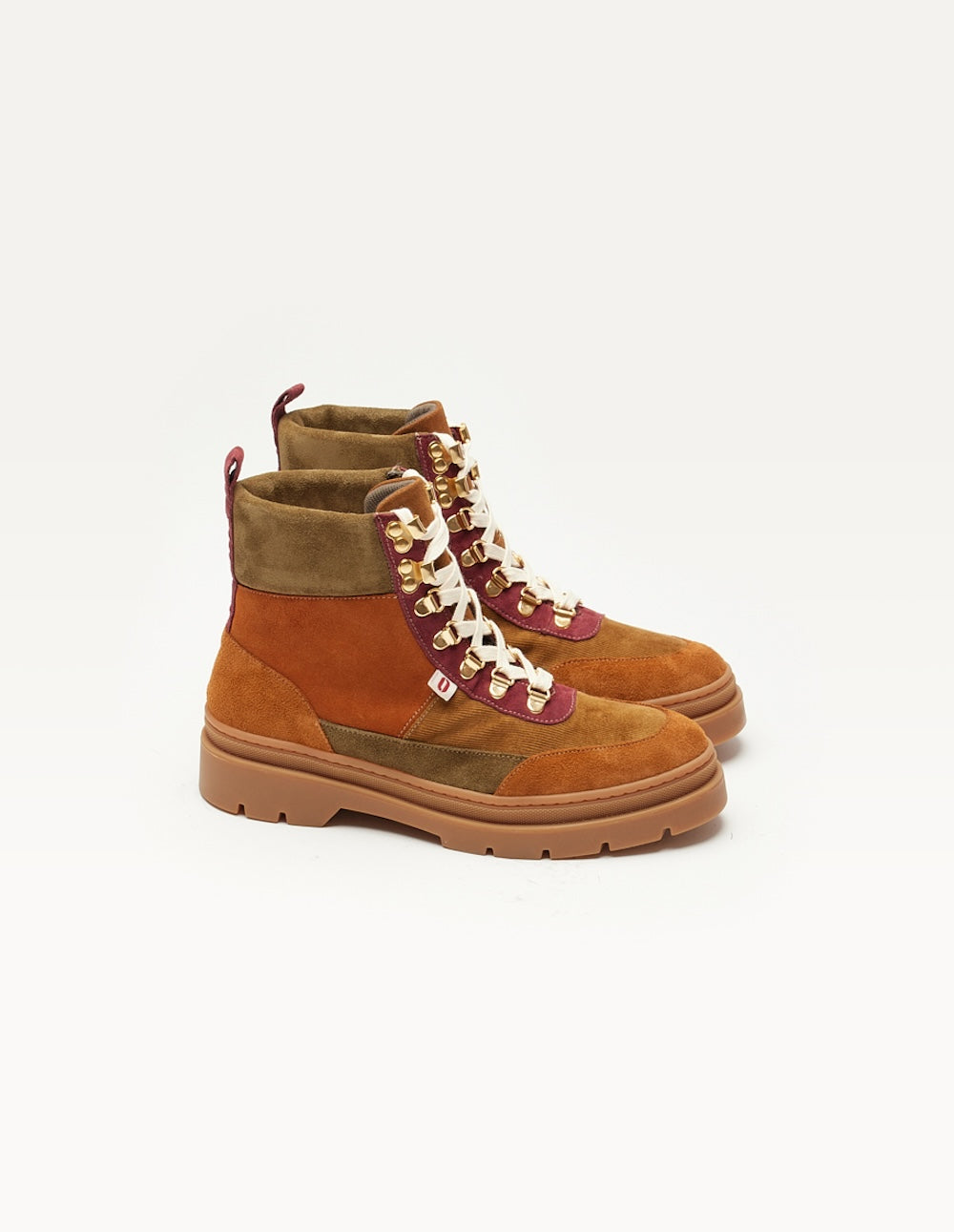 Joelle Lace-Up Ankle Boots - Cognac Suede and Burgundy Velvet