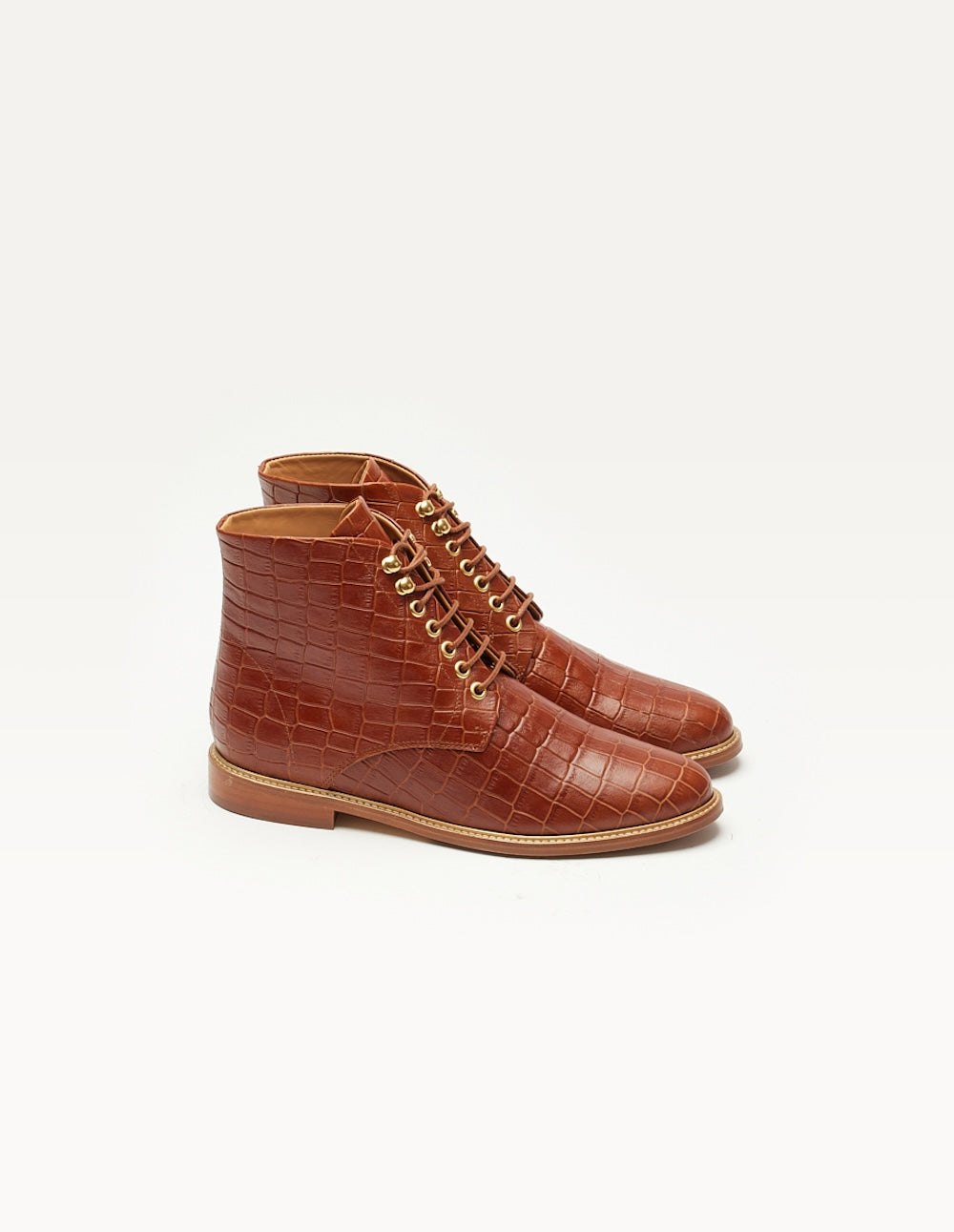 Lace-up ankle boots Lucienne - Cognac croc-embossed leather