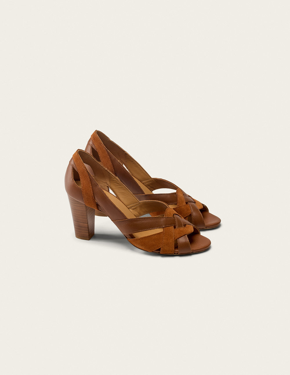 Sandales à talons Clémentine H - Cuir cognac et suède