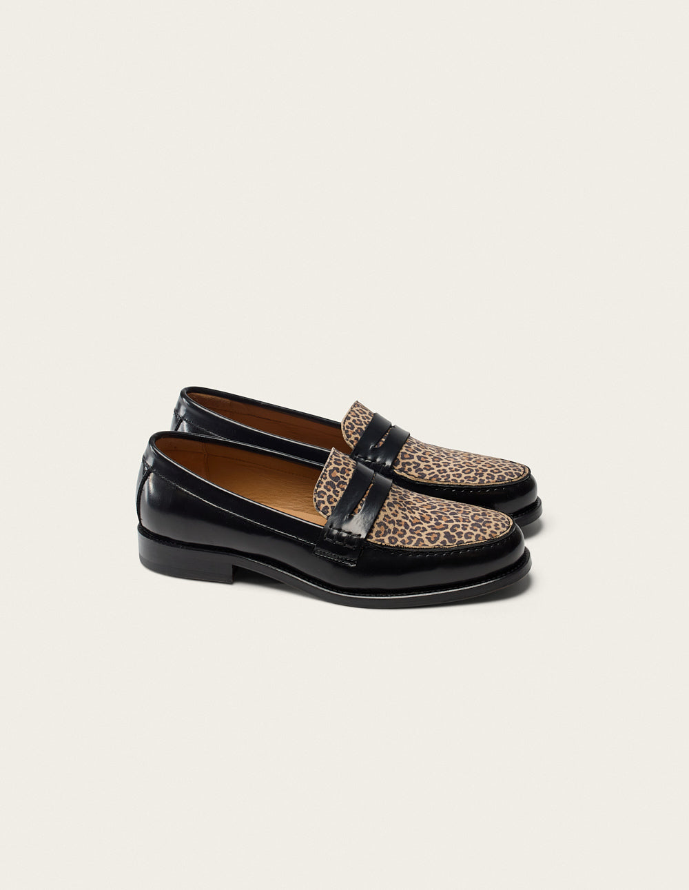 Mocassins Fanny - Cuir box noir et léopard