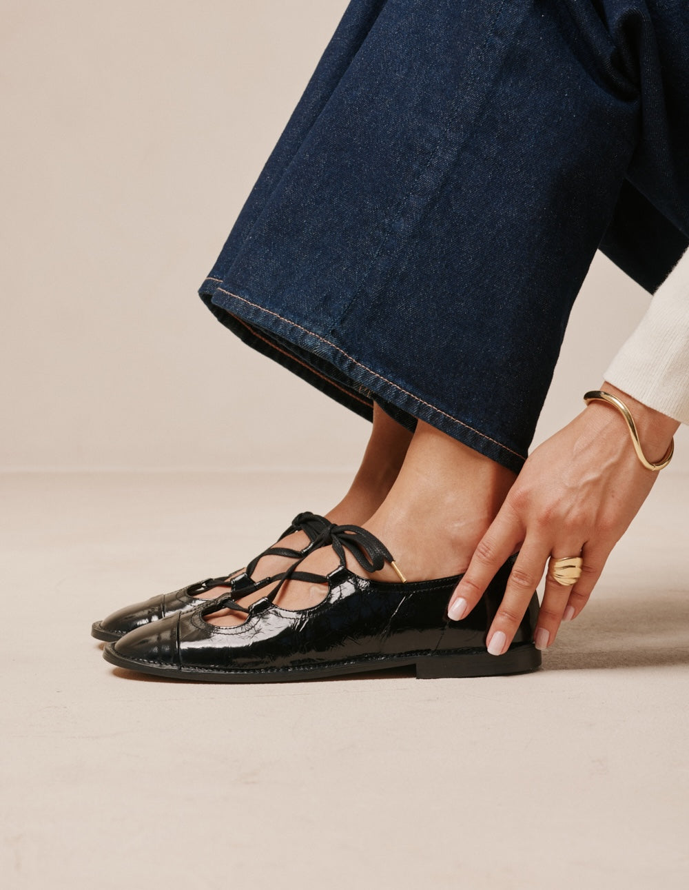 Agna Ballet Flats - Black Patent Pleated Leather