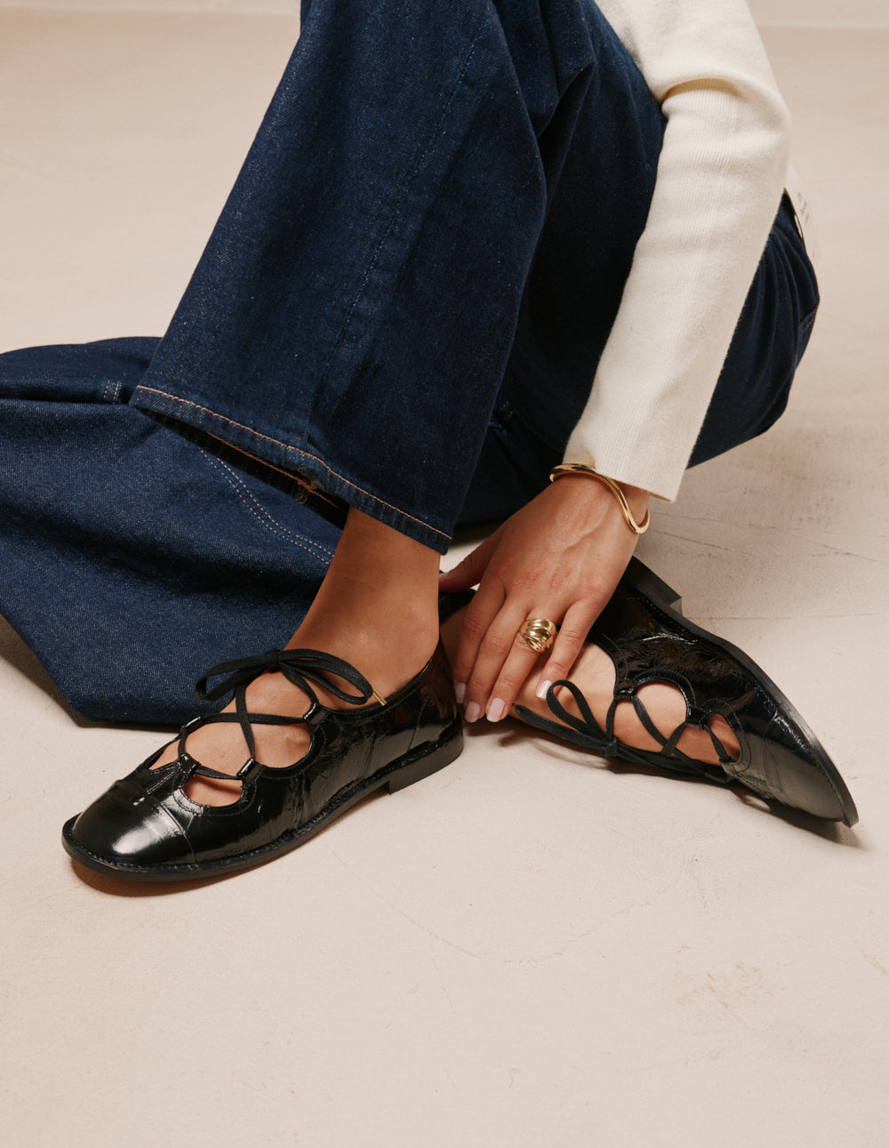 Agna Ballet Flats - Black Patent Pleated Leather
