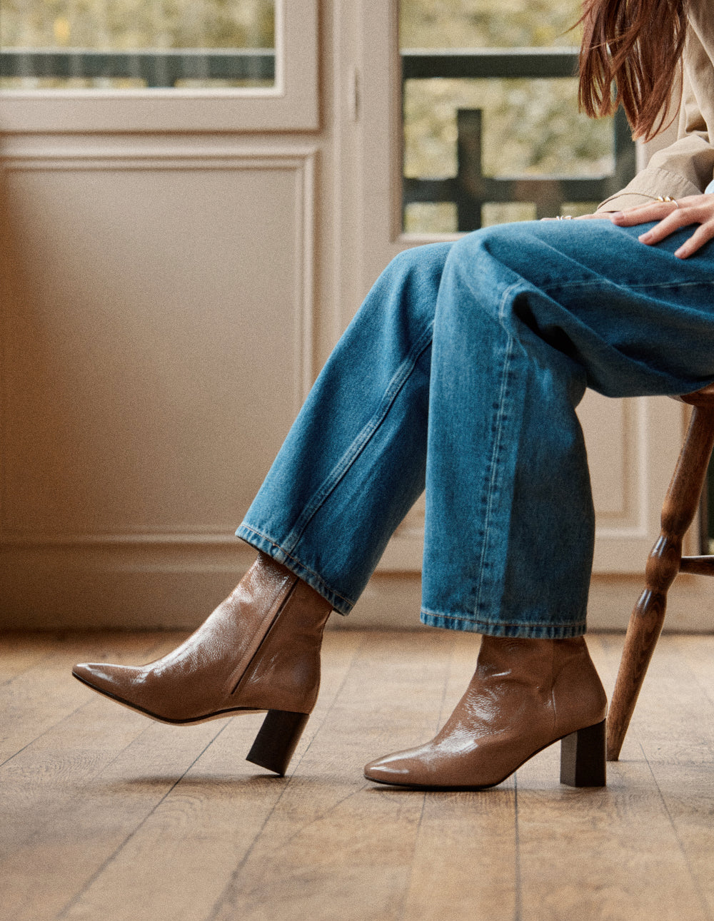 Bottines à talons Brune - Cuir plissé verni mocha