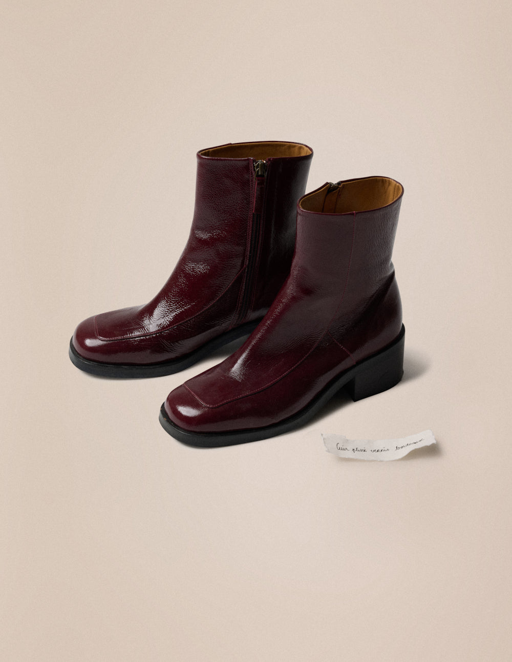 Callie Heeled Ankle Boots - Burgundy Pleated Patent Leather