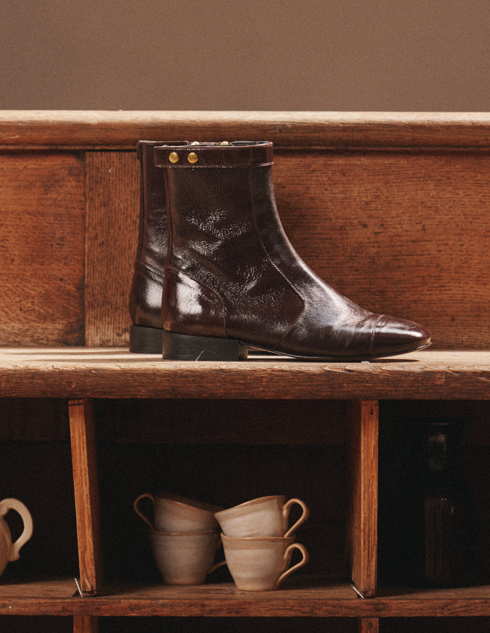 Bottines Fibi - Cuir plissé verni chocolat