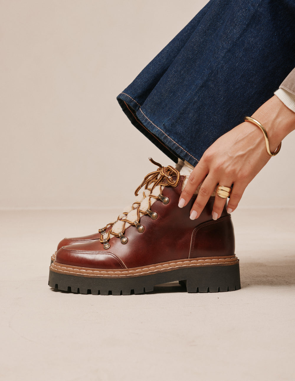 Gally lace-up ankle boots - brown leather and faux fur