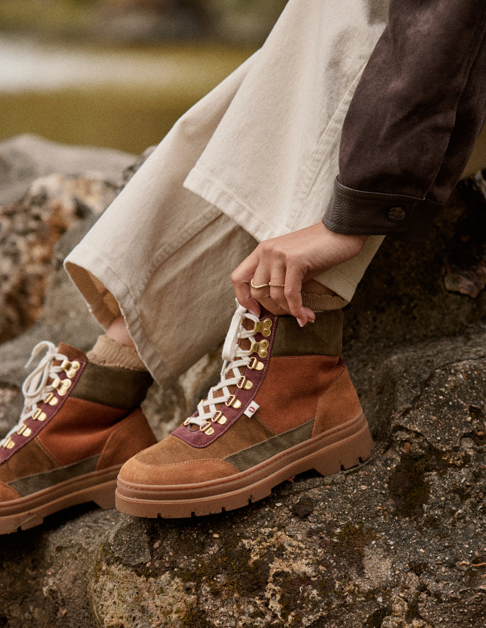 Bottines à lacets Joelle - Suède et velours marron bordeaux