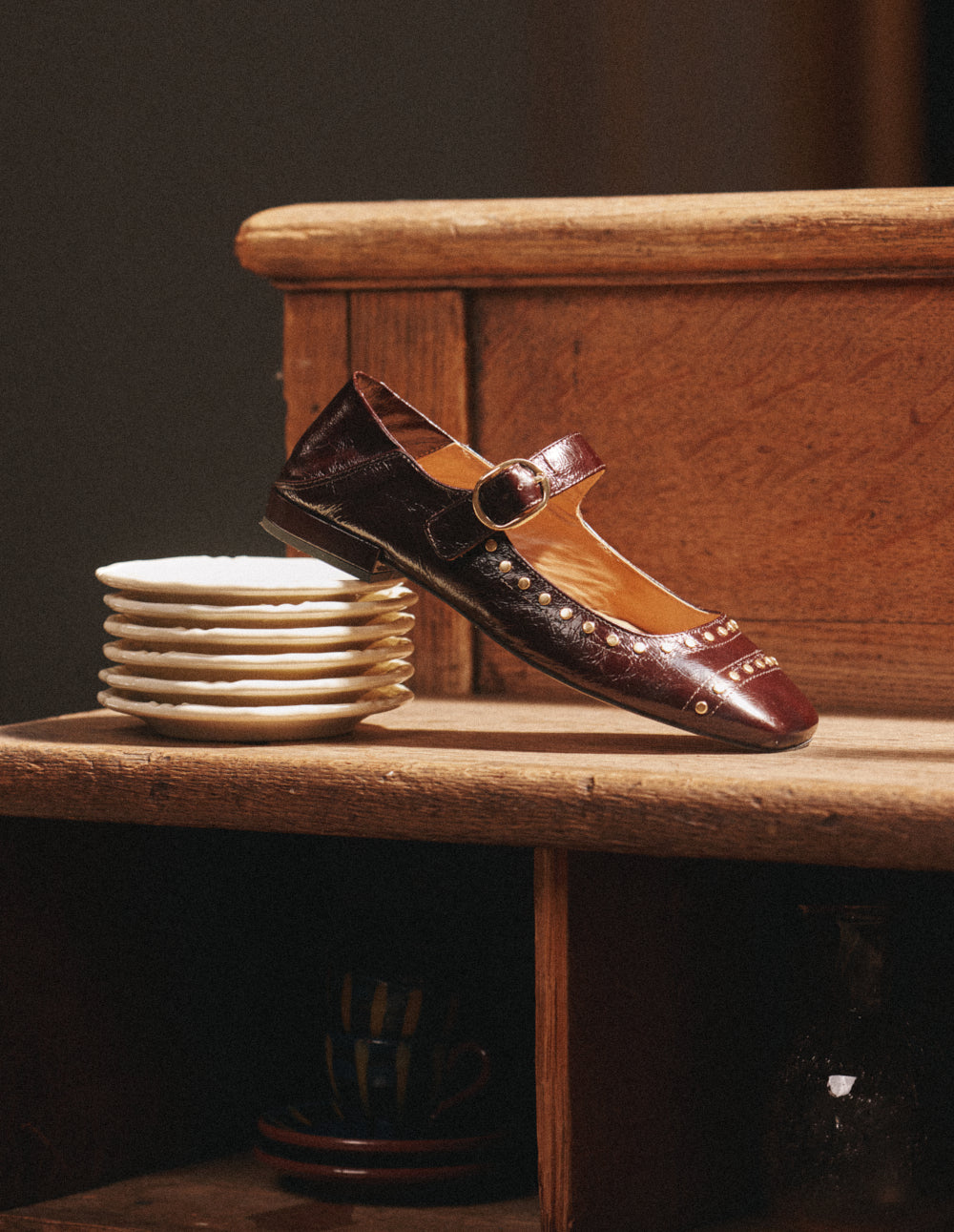 Ballerines Lali - Cuir plissé chocolat clous