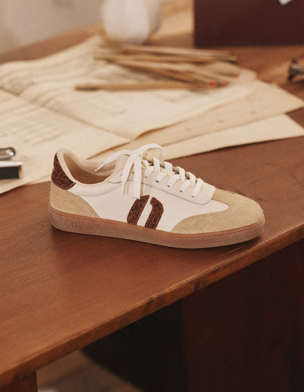 Lucia low-top trainers - Ecru leopard frayed suede