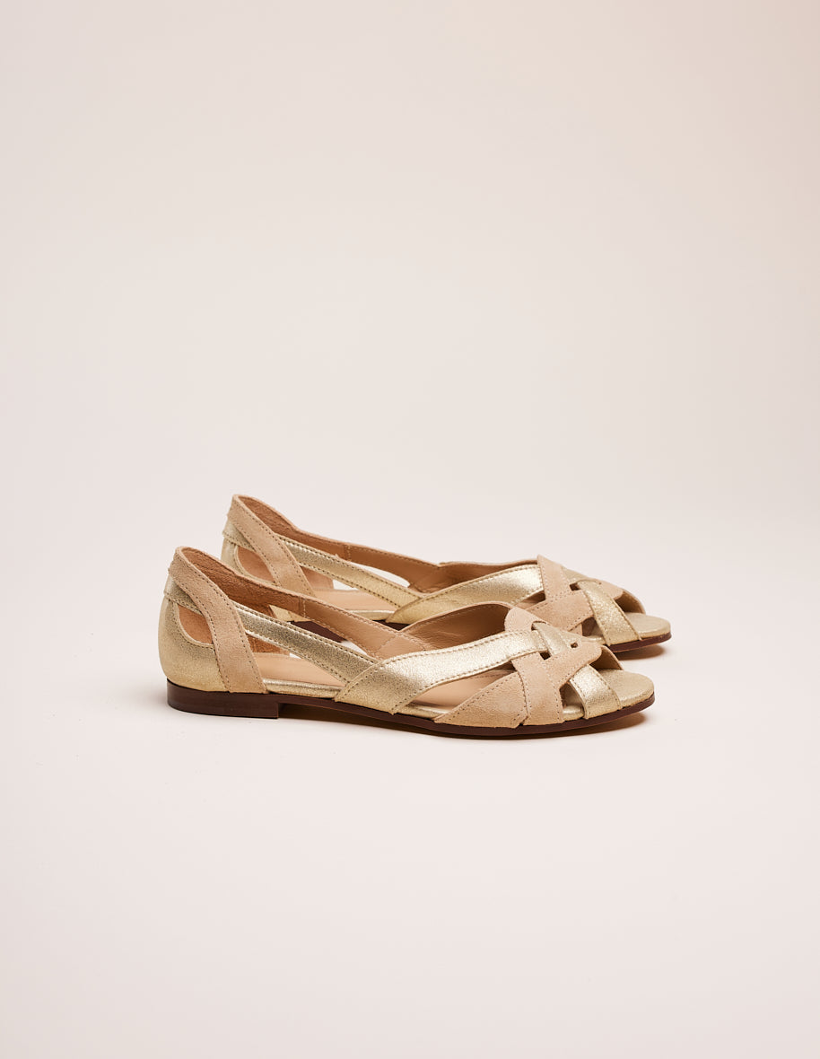 Sandales plates Clémentine - Cuir et suède champagne beige