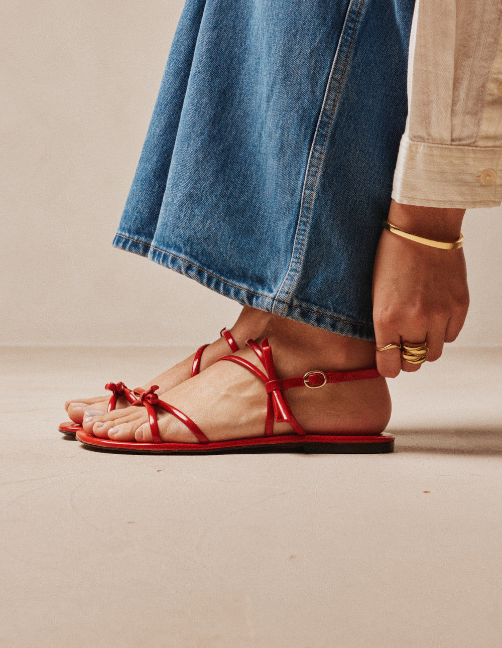 Nilu Sandals - Red Patent Pleated Leather